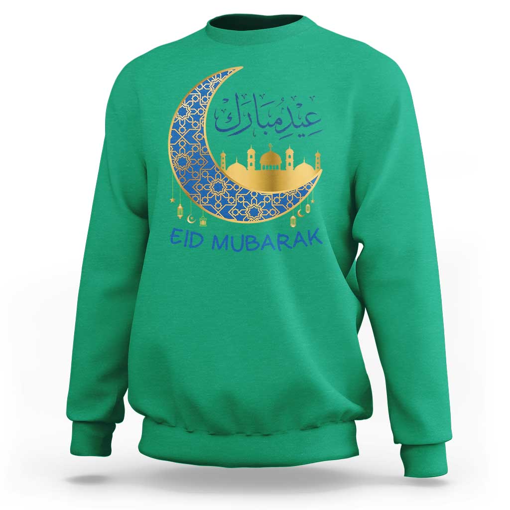 Eid Mubarak Crescent Moon Mosque Sweatshirt Arabic Calligraphy Islamic Celebration Gift