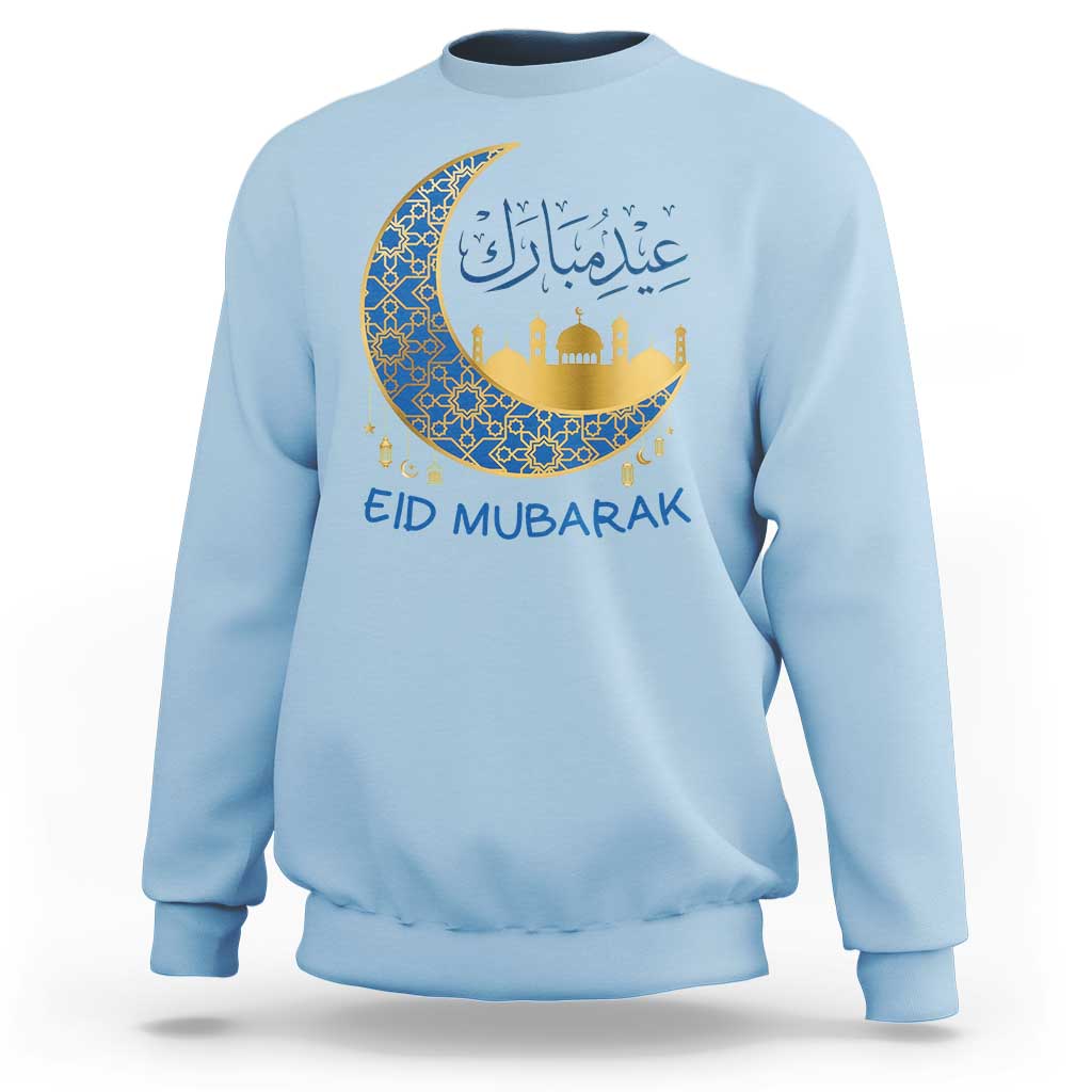 Eid Mubarak Crescent Moon Mosque Sweatshirt Arabic Calligraphy Islamic Celebration Gift