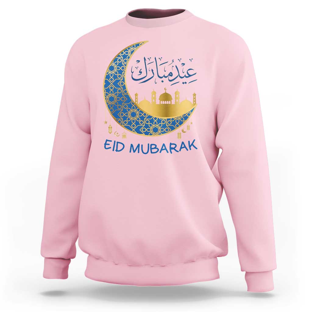 Eid Mubarak Crescent Moon Mosque Sweatshirt Arabic Calligraphy Islamic Celebration Gift