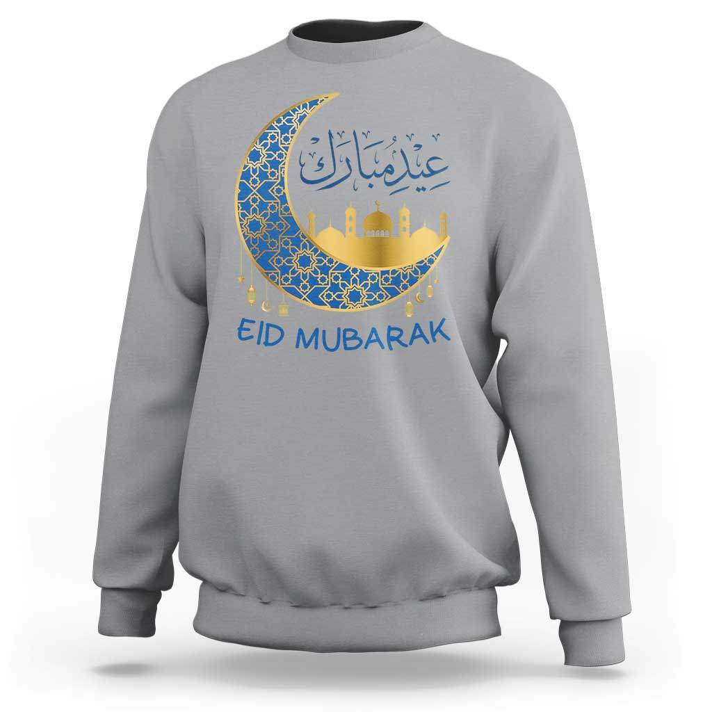 Eid Mubarak Crescent Moon Mosque Sweatshirt Arabic Calligraphy Islamic Celebration Gift