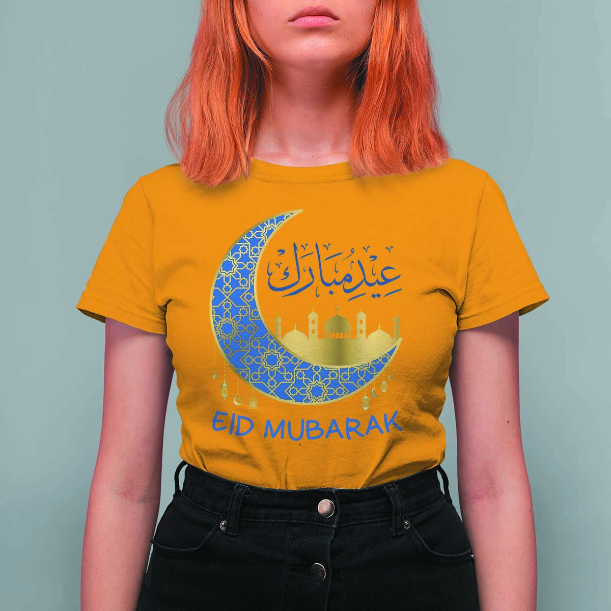 Eid Mubarak Crescent Moon Mosque T Shirt For Women Arabic Calligraphy Islamic Celebration Gift