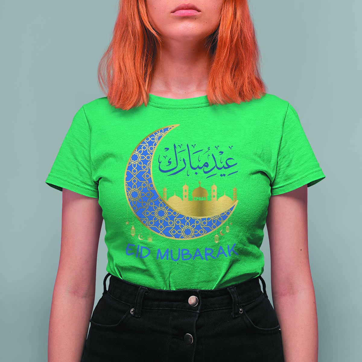 Eid Mubarak Crescent Moon Mosque T Shirt For Women Arabic Calligraphy Islamic Celebration Gift