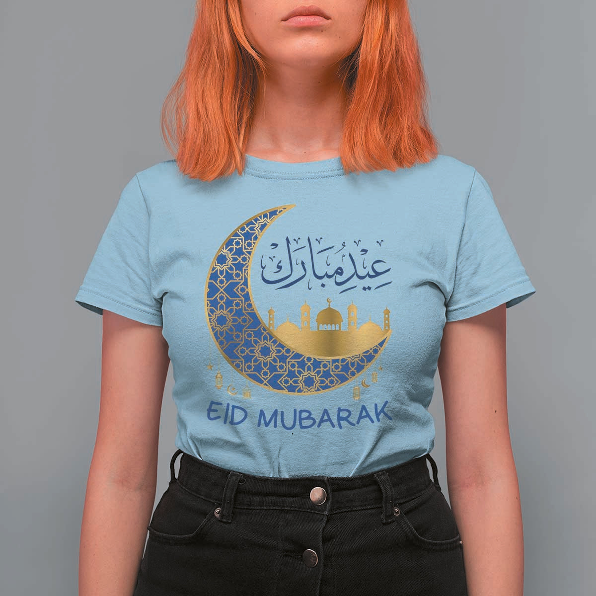 Eid Mubarak Crescent Moon Mosque T Shirt For Women Arabic Calligraphy Islamic Celebration Gift