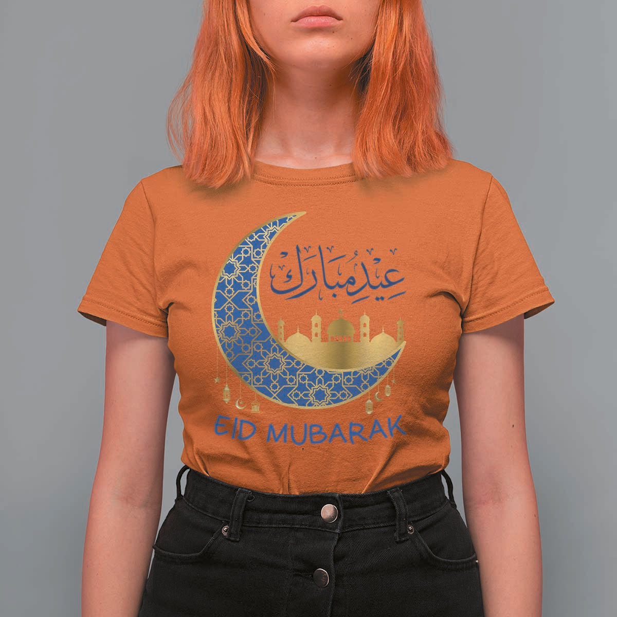 Eid Mubarak Crescent Moon Mosque T Shirt For Women Arabic Calligraphy Islamic Celebration Gift