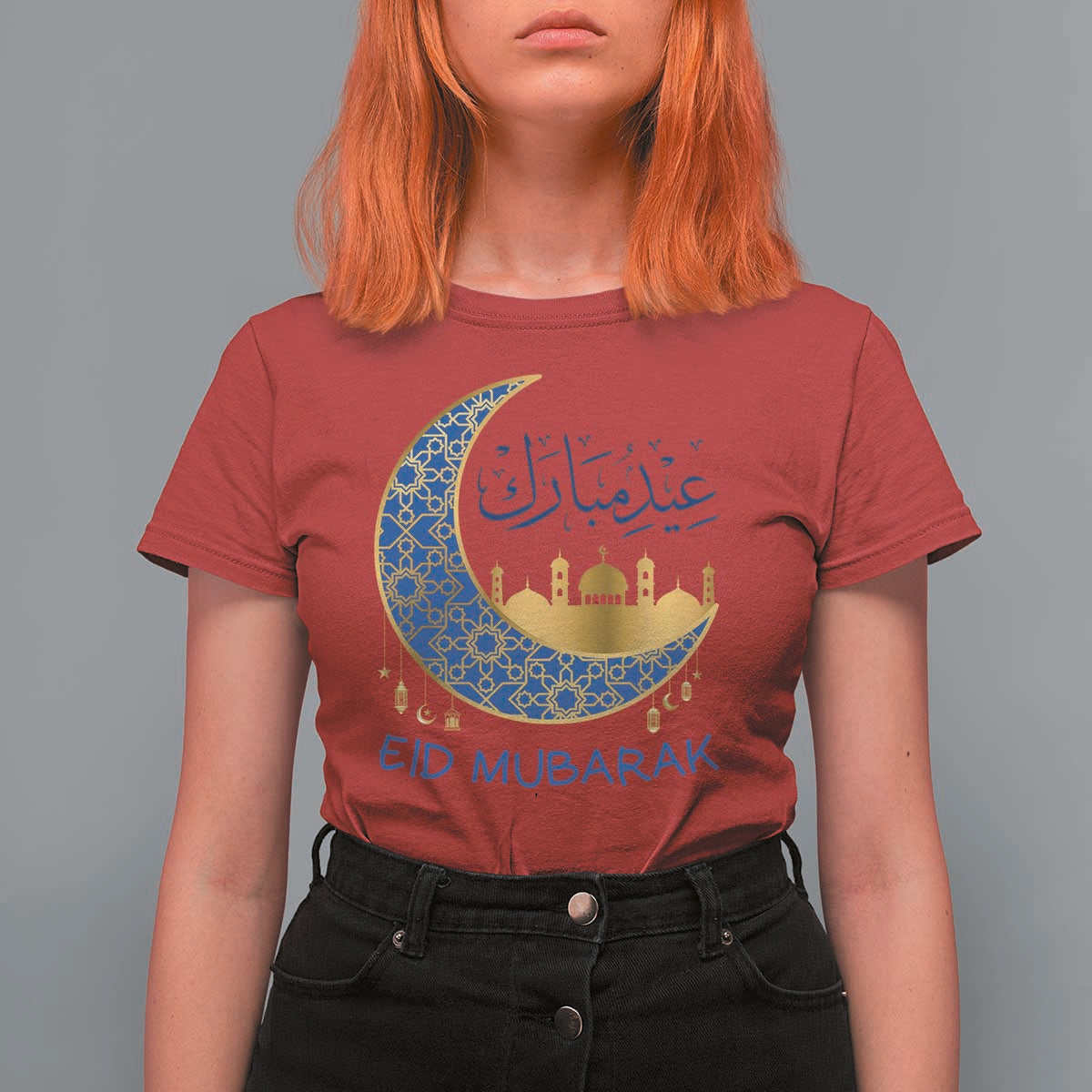 Eid Mubarak Crescent Moon Mosque T Shirt For Women Arabic Calligraphy Islamic Celebration Gift