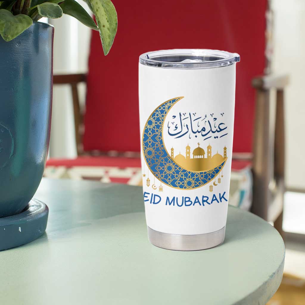 Eid Mubarak Crescent Moon Mosque Tumbler Cup Arabic Calligraphy Islamic Celebration Gift