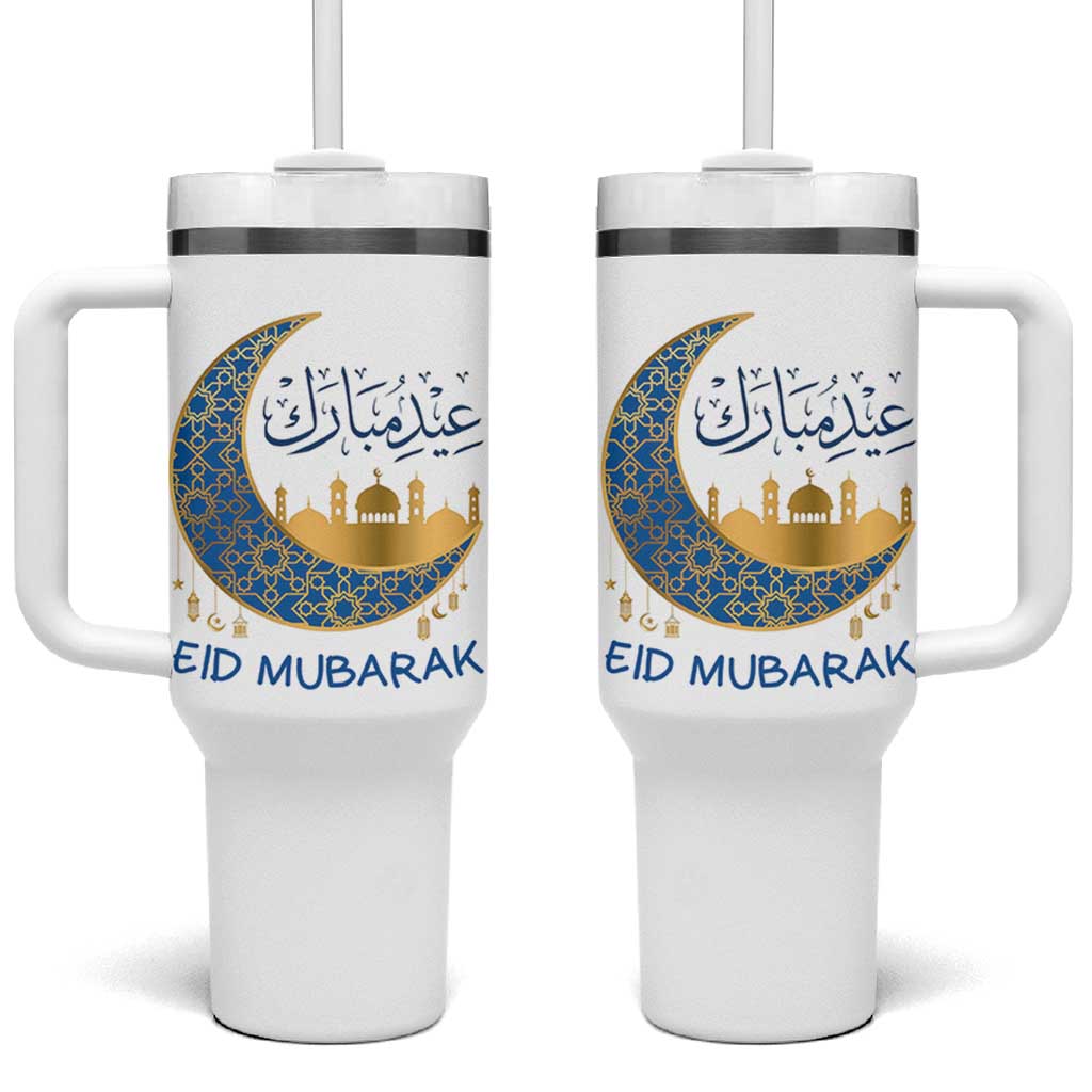 Eid Mubarak Crescent Moon Mosque Tumbler With Handle Arabic Calligraphy Islamic Celebration Gift