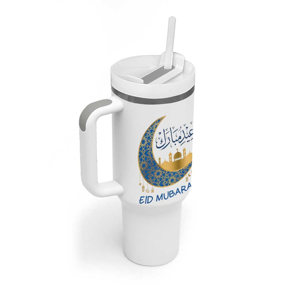 Eid Mubarak Crescent Moon Mosque Tumbler With Handle Arabic Calligraphy Islamic Celebration Gift