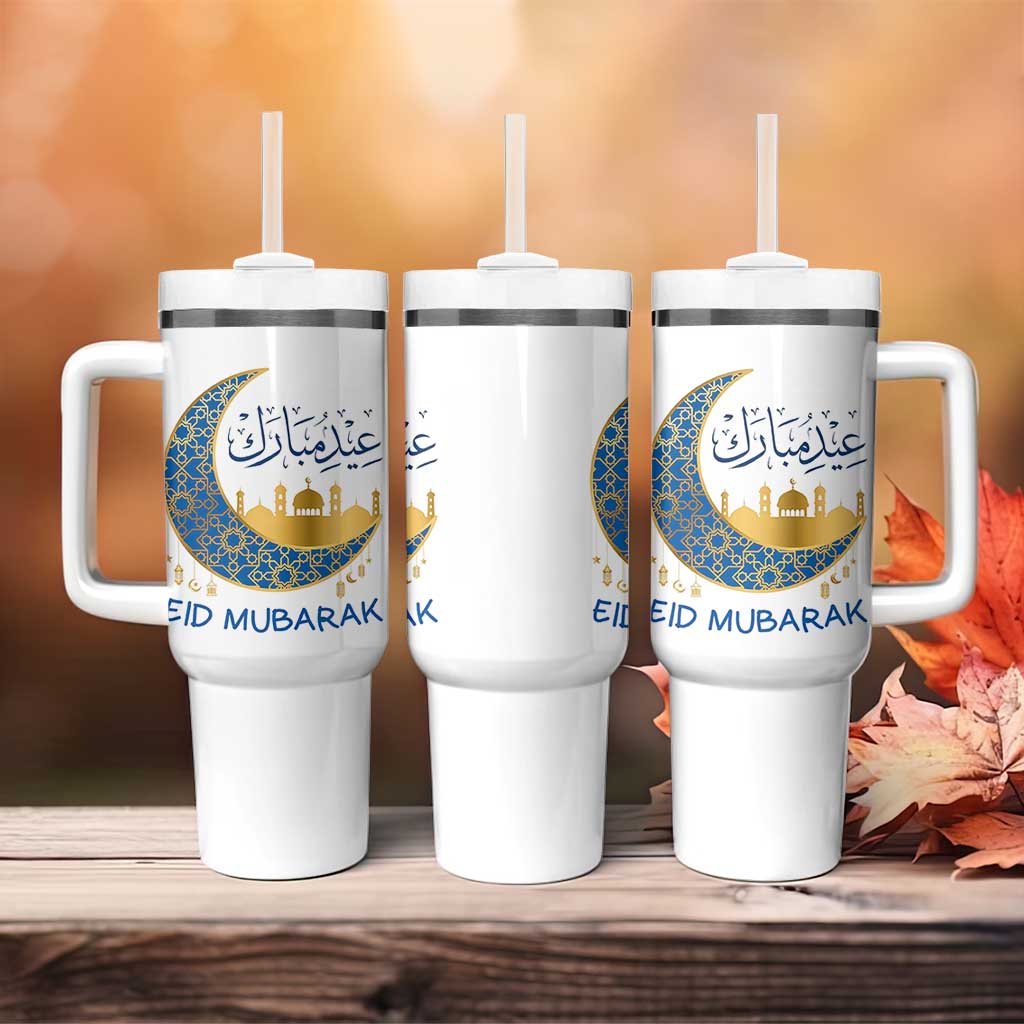 Eid Mubarak Crescent Moon Mosque Tumbler With Handle Arabic Calligraphy Islamic Celebration Gift
