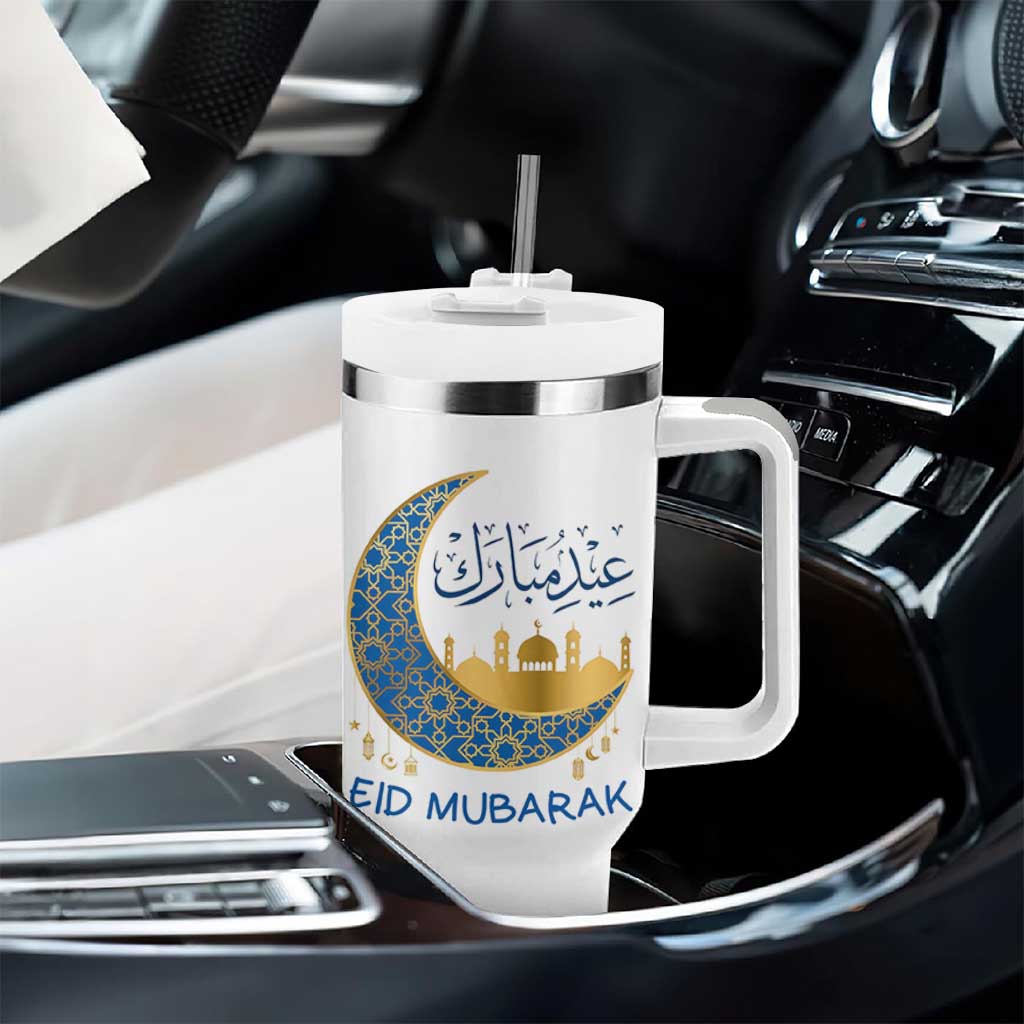 Eid Mubarak Crescent Moon Mosque Tumbler With Handle Arabic Calligraphy Islamic Celebration Gift