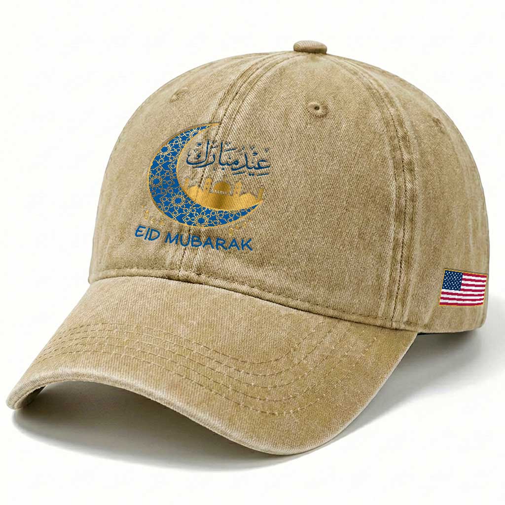Eid Mubarak Crescent Moon Mosque Washed Cotton Baseball Cap Arabic Calligraphy Islamic Celebration Gift