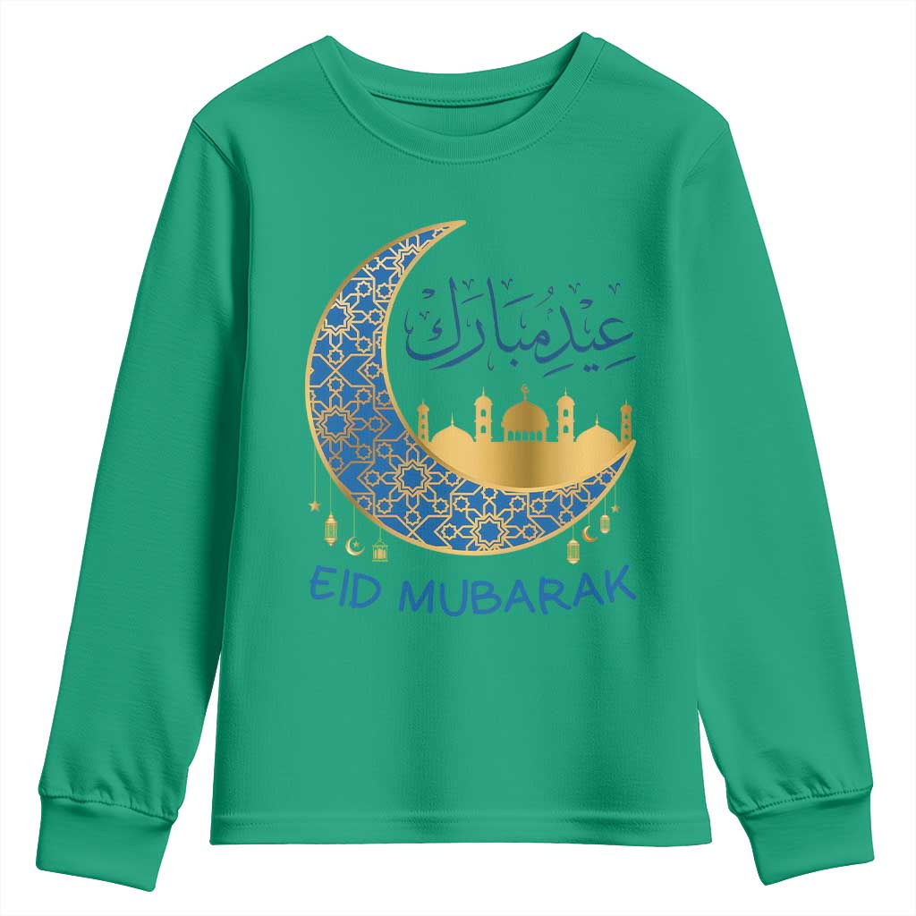 Eid Mubarak Crescent Moon Mosque Youth Sweatshirt Arabic Calligraphy Islamic Celebration Gift