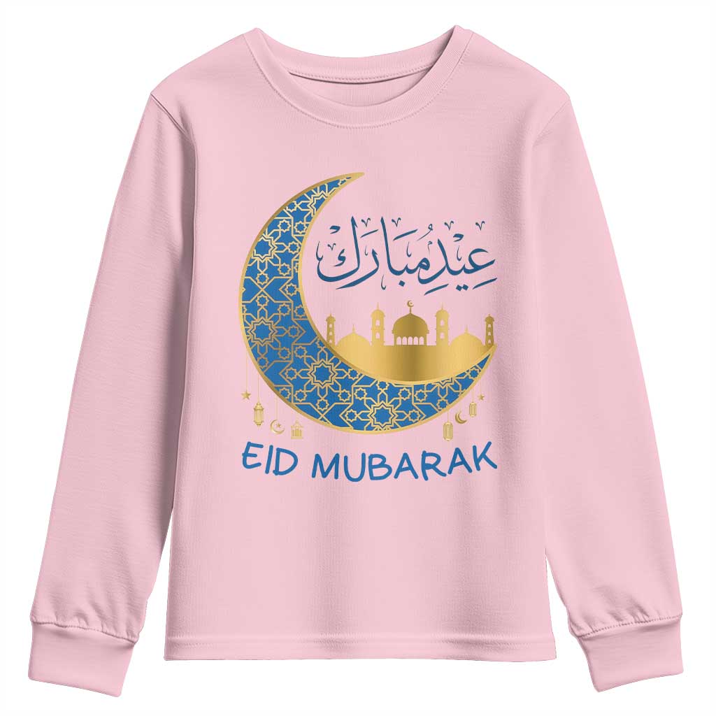 Eid Mubarak Crescent Moon Mosque Youth Sweatshirt Arabic Calligraphy Islamic Celebration Gift