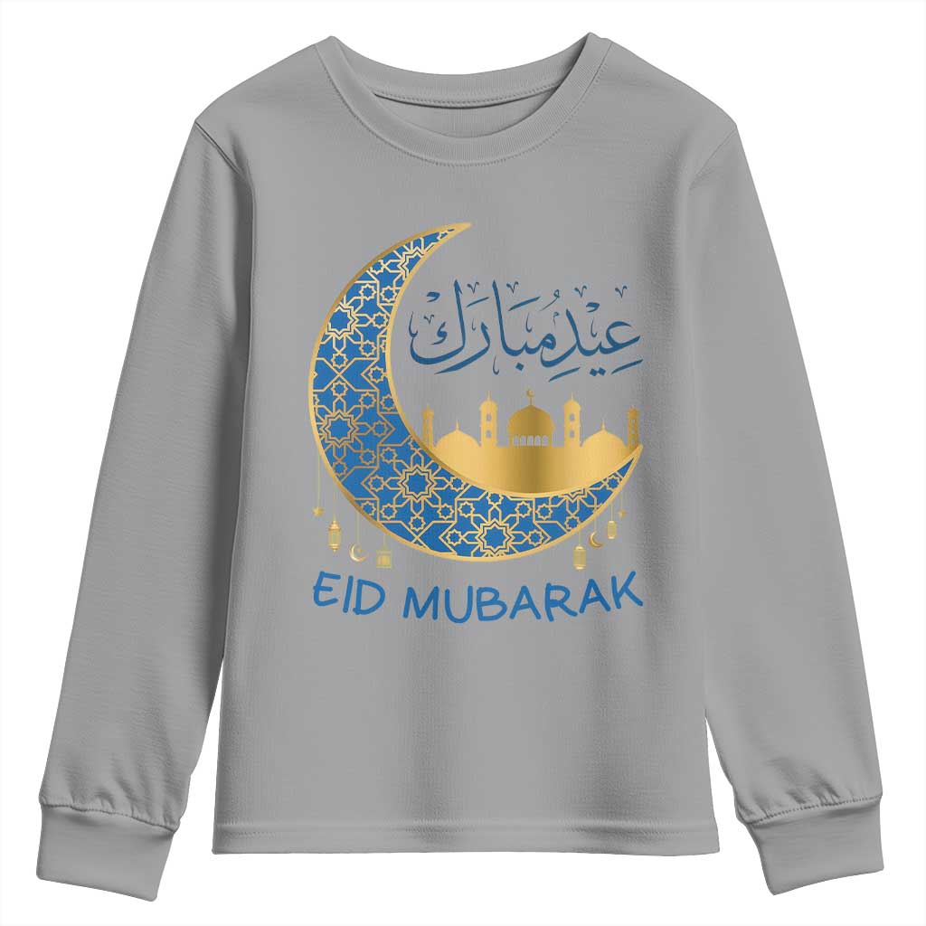 Eid Mubarak Crescent Moon Mosque Youth Sweatshirt Arabic Calligraphy Islamic Celebration Gift