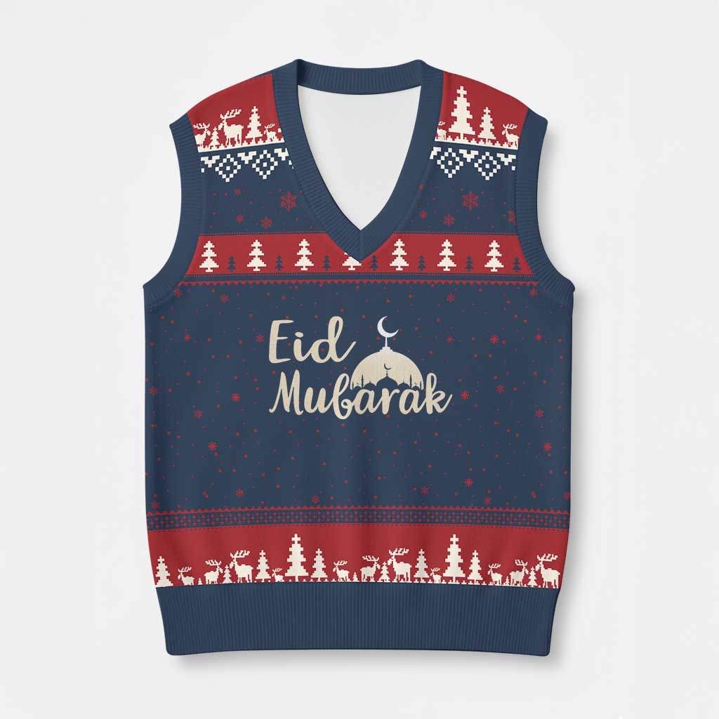 Eid Mubarak Mosque Silhouette V-Neck Knit Sweater Vest Islamic Holiday Celebration