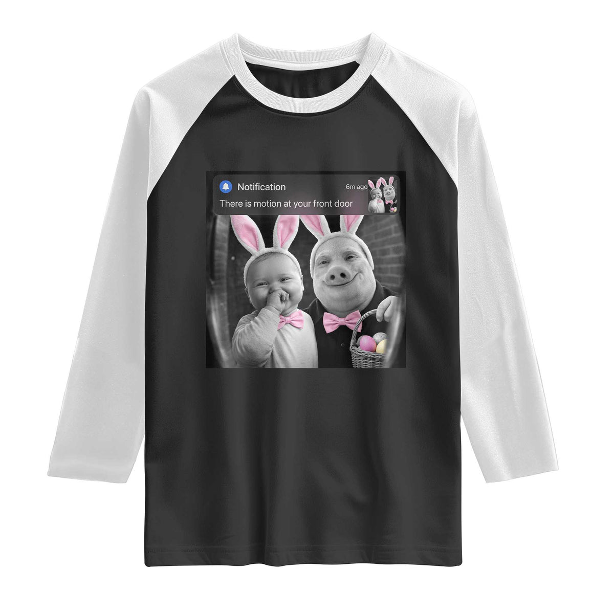 Funny Easter AI Baby with John Pork Meme Raglan Shirt There Is Motion at Your Front Door Notification Humor