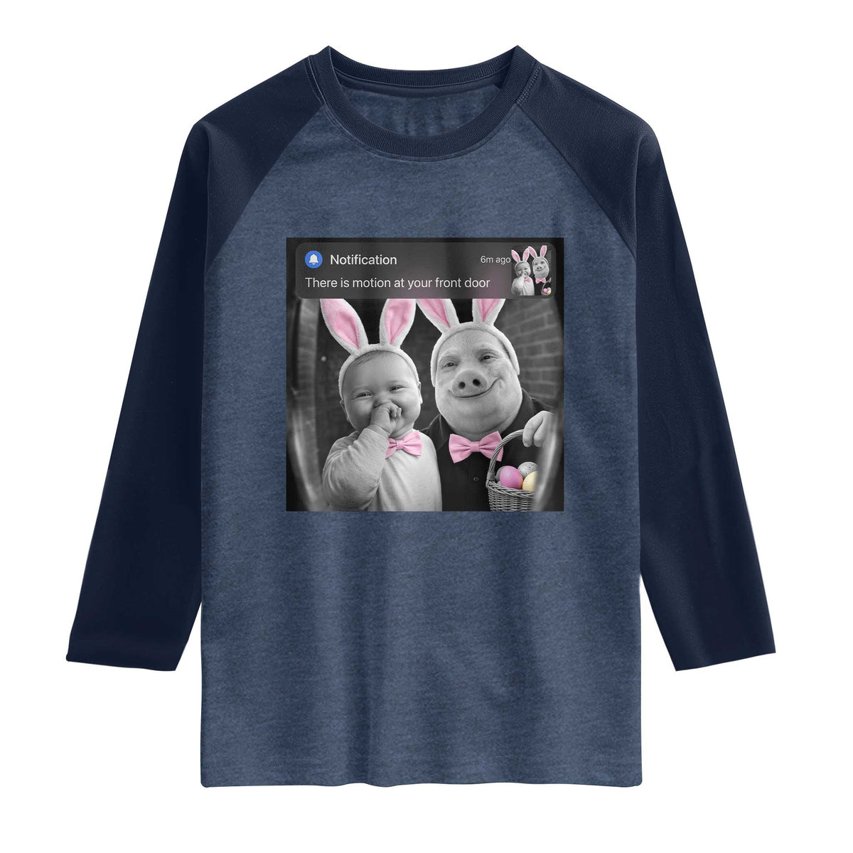 Funny Easter AI Baby with John Pork Meme Raglan Shirt There Is Motion at Your Front Door Notification Humor