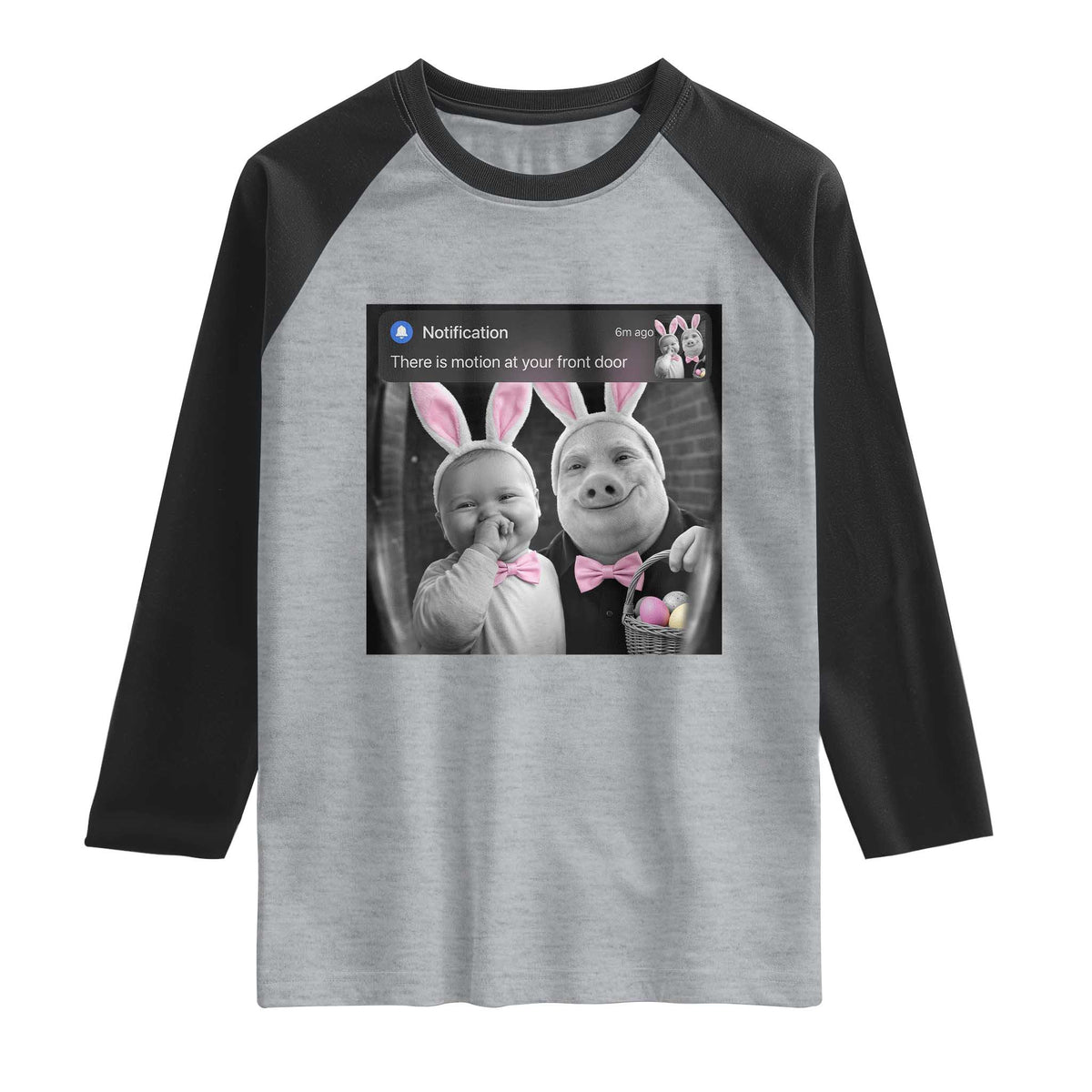Funny Easter AI Baby with John Pork Meme Raglan Shirt There Is Motion at Your Front Door Notification Humor