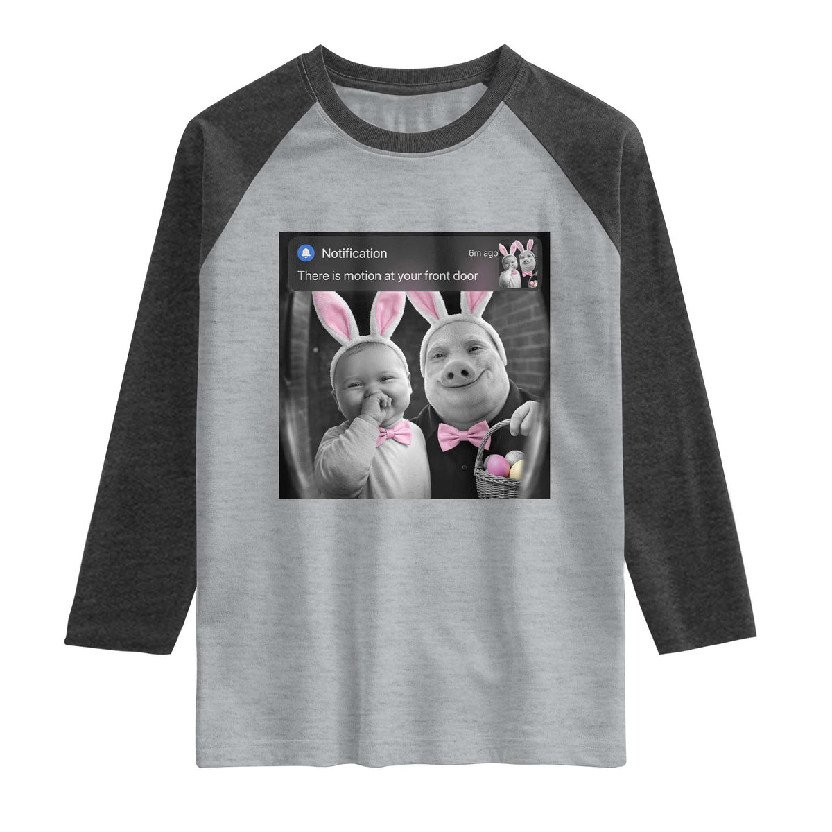 Funny Easter AI Baby with John Pork Meme Raglan Shirt There Is Motion at Your Front Door Notification Humor
