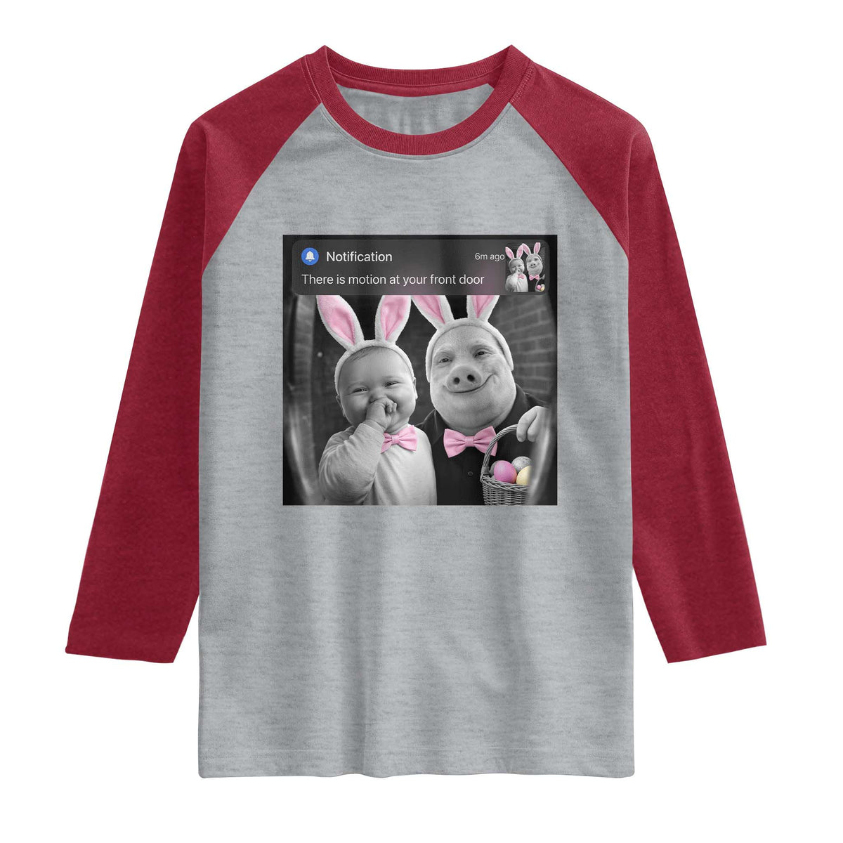 Funny Easter AI Baby with John Pork Meme Raglan Shirt There Is Motion at Your Front Door Notification Humor