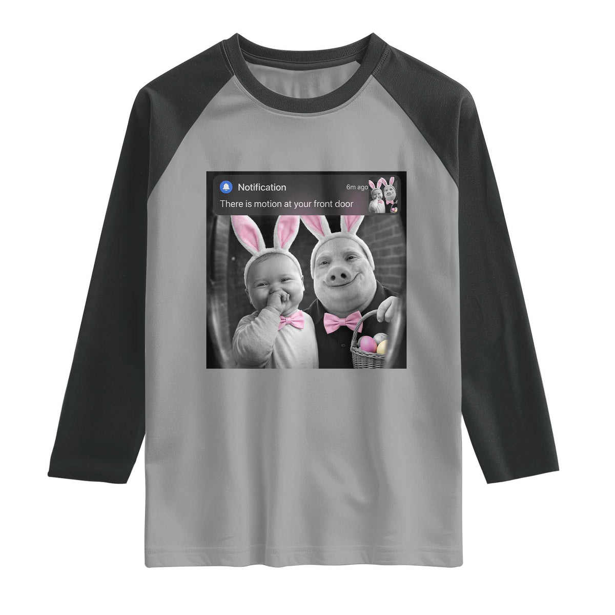 Funny Easter AI Baby with John Pork Meme Raglan Shirt There Is Motion at Your Front Door Notification Humor