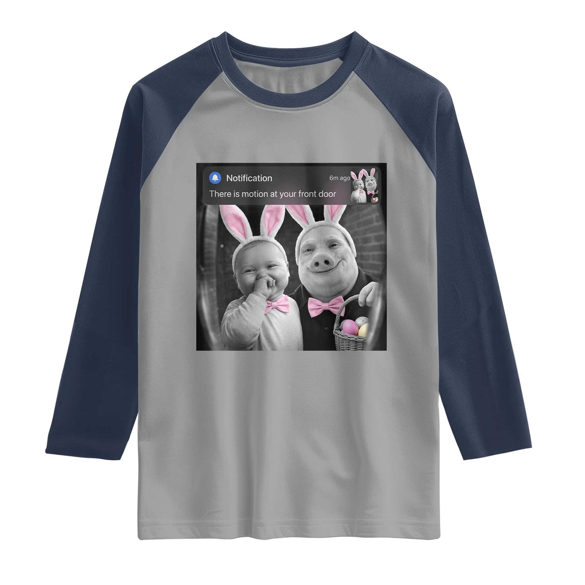 Funny Easter AI Baby with John Pork Meme Raglan Shirt There Is Motion at Your Front Door Notification Humor