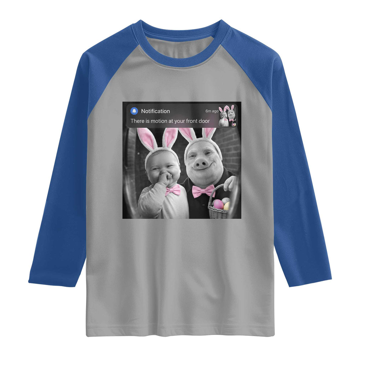 Funny Easter AI Baby with John Pork Meme Raglan Shirt There Is Motion at Your Front Door Notification Humor