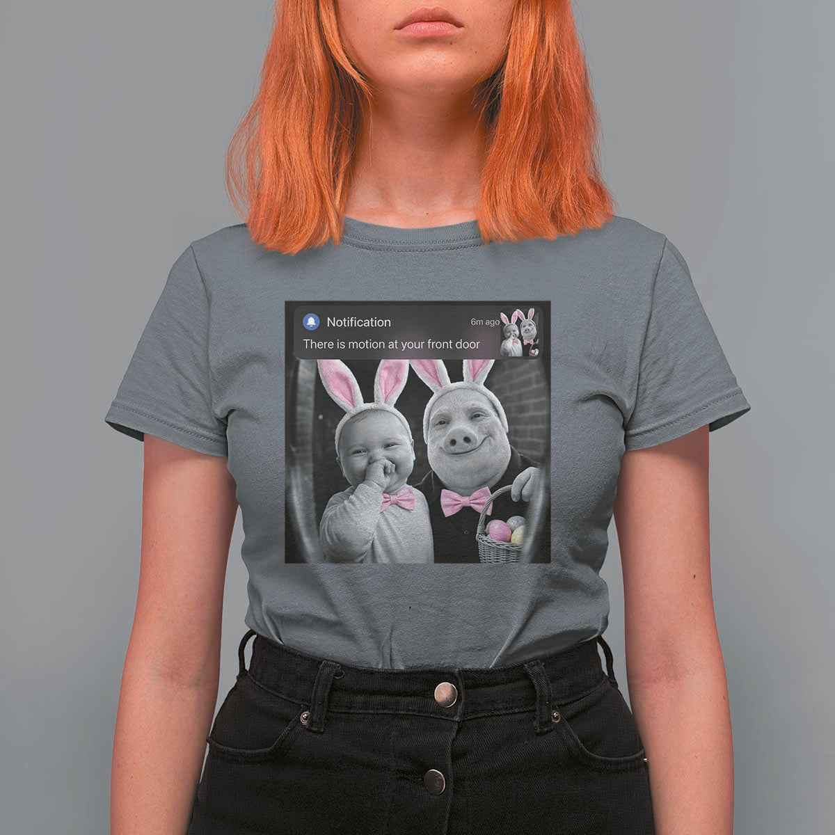 Funny Easter AI Baby with John Pork Meme T Shirt For Women There Is Motion at Your Front Door Notification Humor