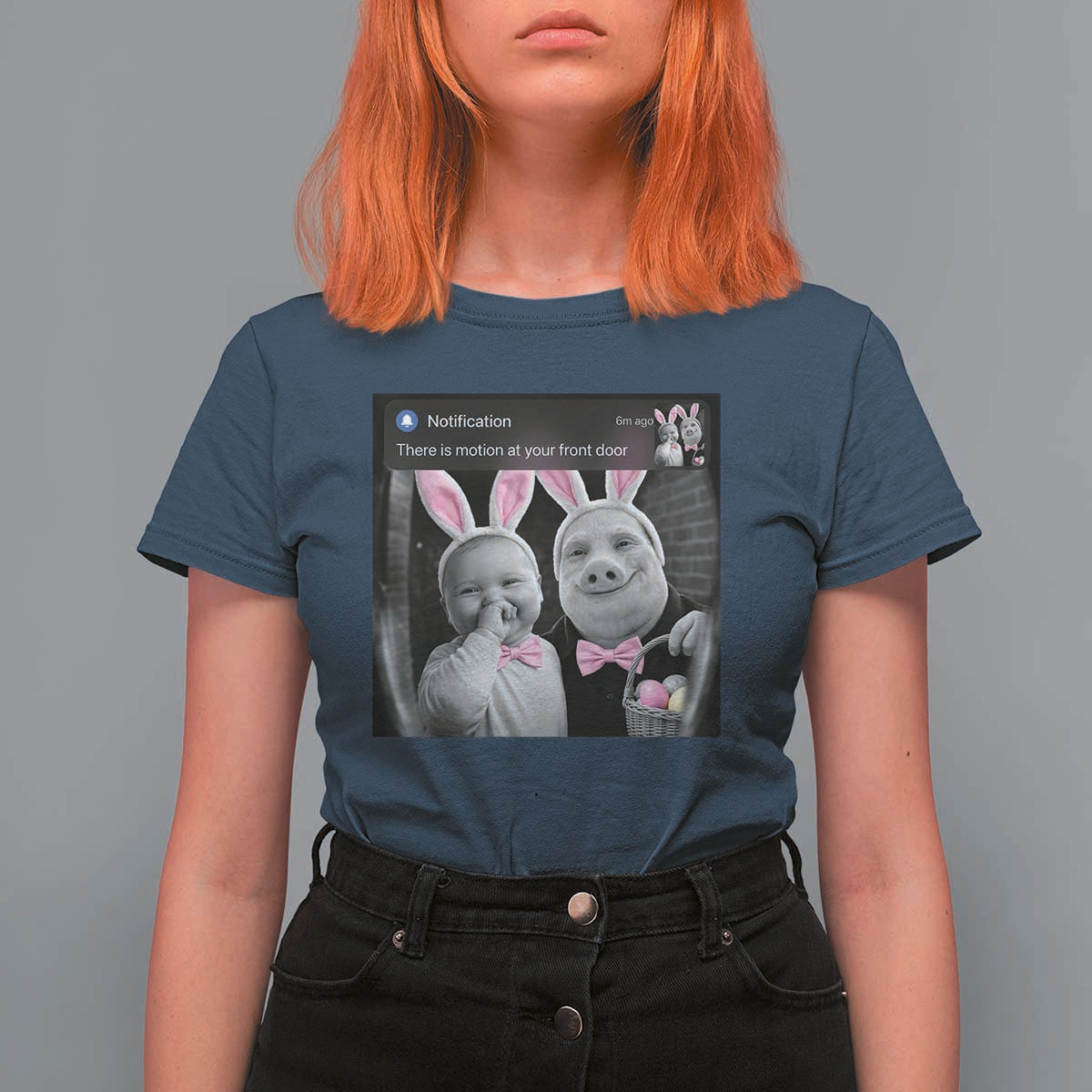 Funny Easter AI Baby with John Pork Meme T Shirt For Women There Is Motion at Your Front Door Notification Humor