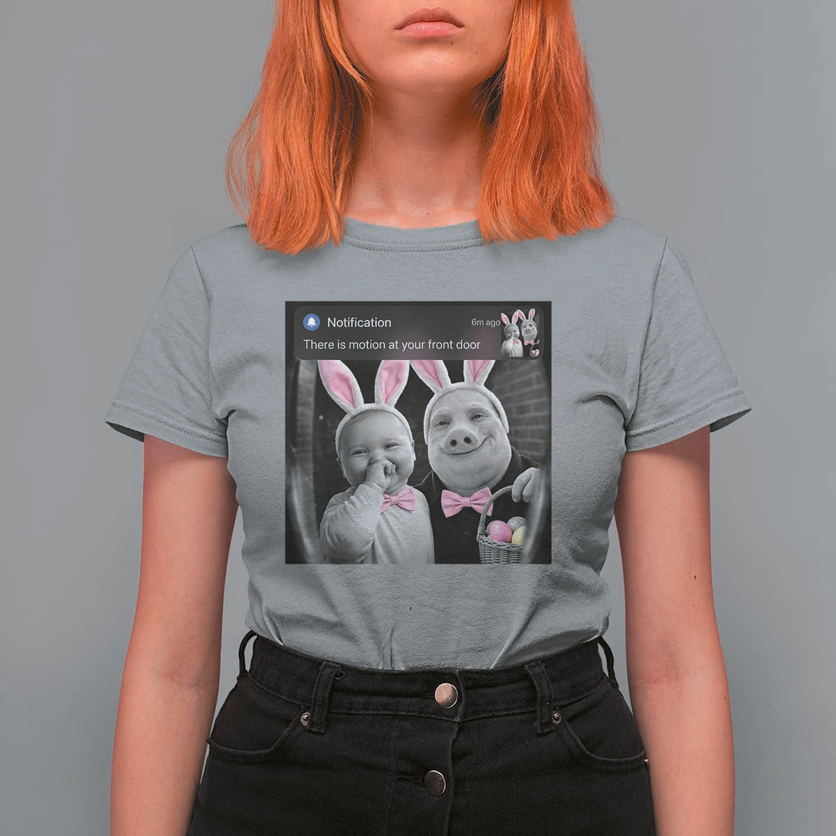 Funny Easter AI Baby with John Pork Meme T Shirt For Women There Is Motion at Your Front Door Notification Humor