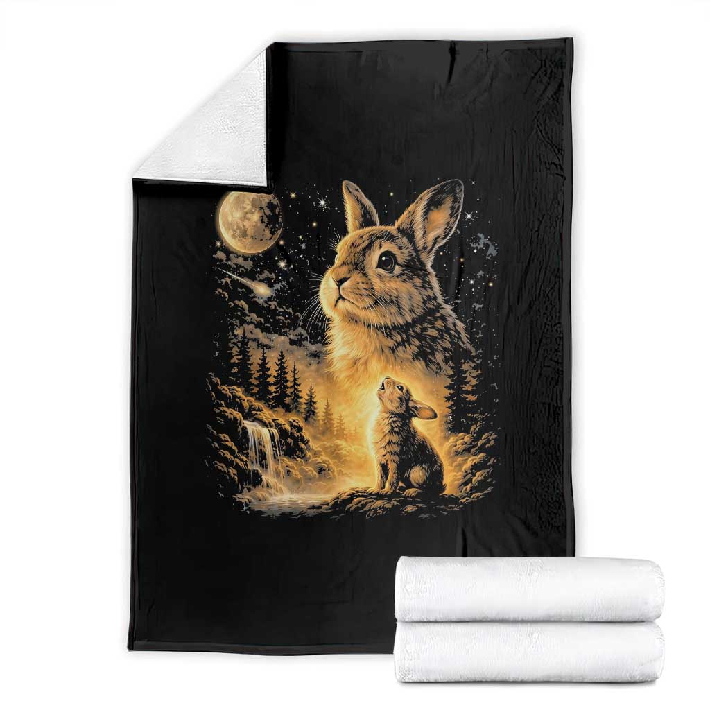 Mystical Moonlit Bunny Graphic Throw Blanket Glowing Rabbit Under Full Moon Waterfall Nature Scene