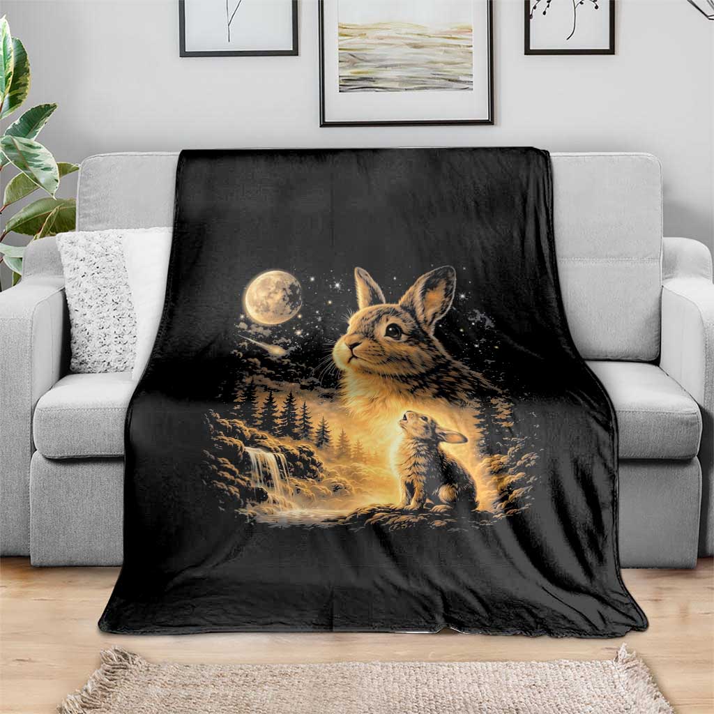 Mystical Moonlit Bunny Graphic Throw Blanket Glowing Rabbit Under Full Moon Waterfall Nature Scene