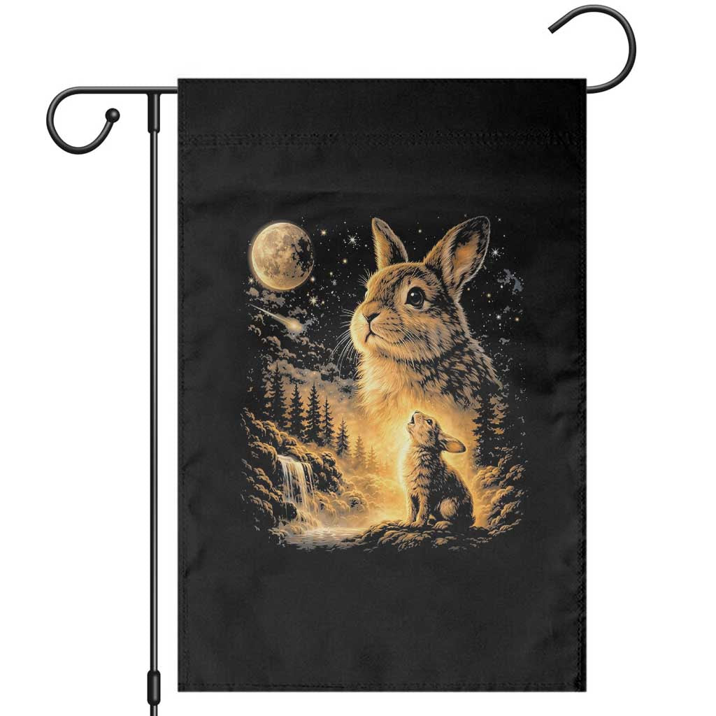 Mystical Moonlit Bunny Graphic Garden Flag Glowing Rabbit Under Full Moon Waterfall Nature Scene