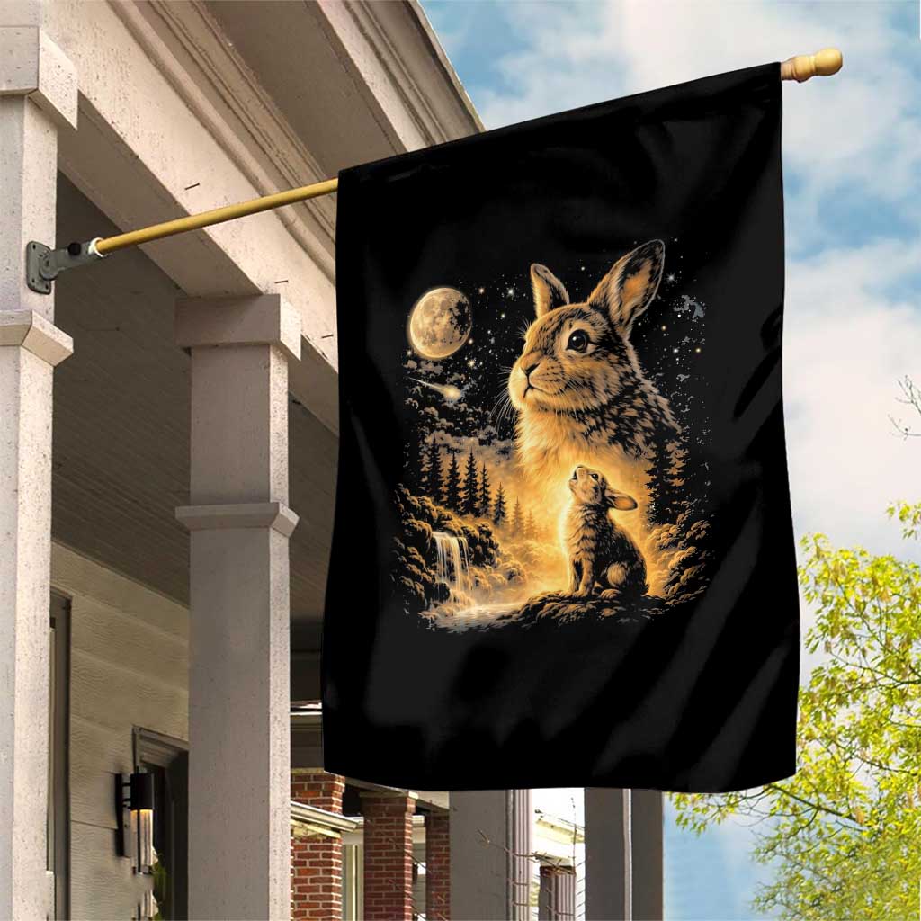 Mystical Moonlit Bunny Graphic Garden Flag Glowing Rabbit Under Full Moon Waterfall Nature Scene