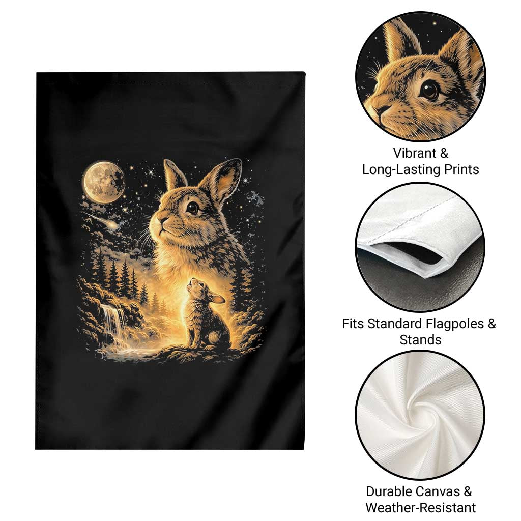 Mystical Moonlit Bunny Graphic Garden Flag Glowing Rabbit Under Full Moon Waterfall Nature Scene