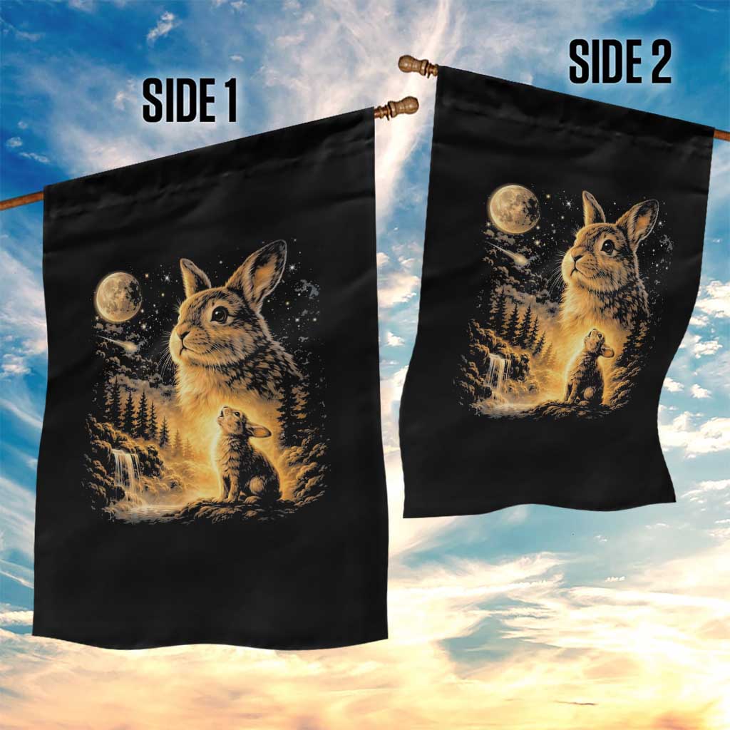 Mystical Moonlit Bunny Graphic Garden Flag Glowing Rabbit Under Full Moon Waterfall Nature Scene