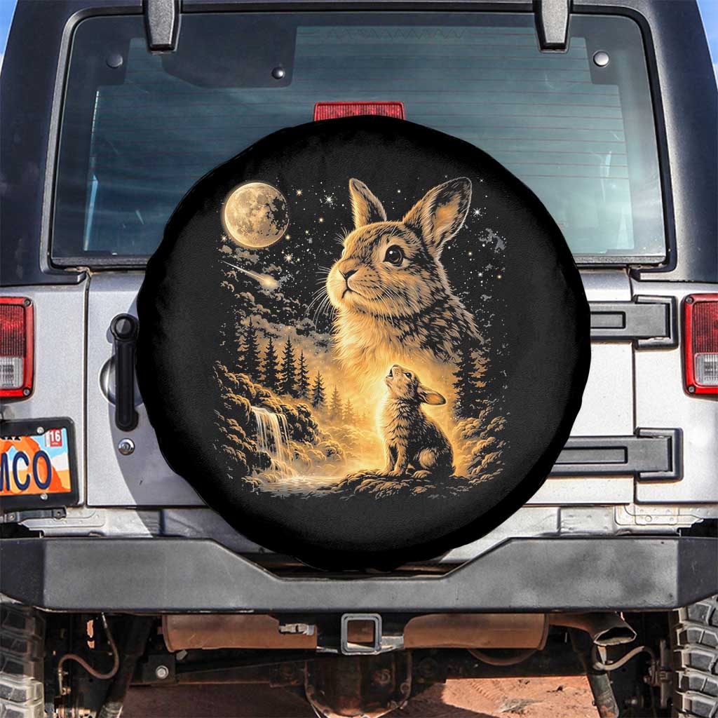 Mystical Moonlit Bunny Graphic Spare Tire Cover Glowing Rabbit Under Full Moon Waterfall Nature Scene