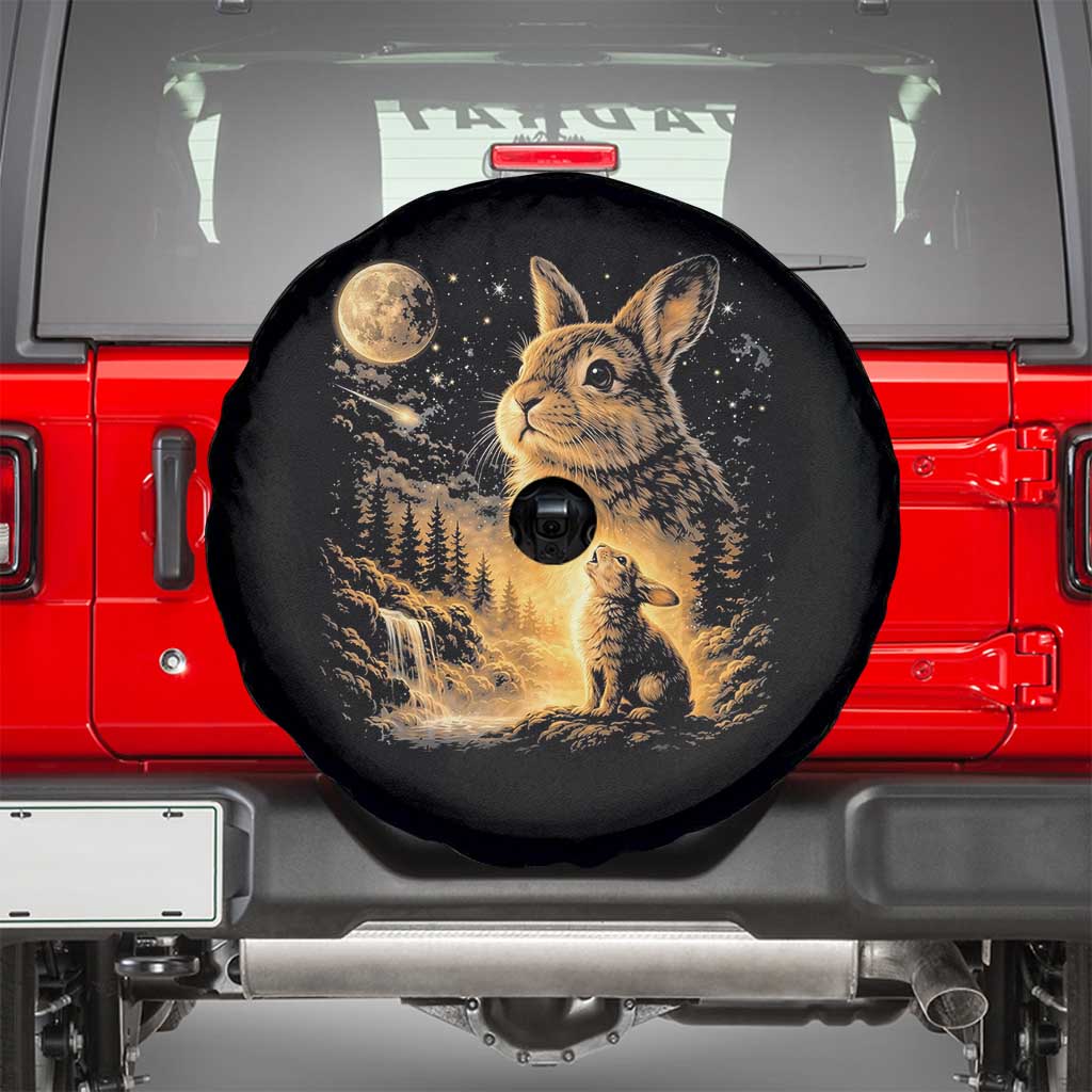 Mystical Moonlit Bunny Graphic Spare Tire Cover Glowing Rabbit Under Full Moon Waterfall Nature Scene