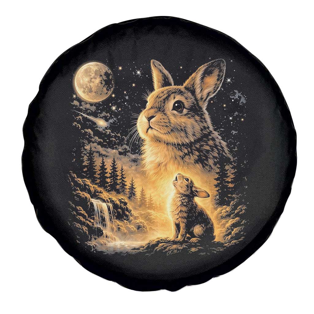 Mystical Moonlit Bunny Graphic Spare Tire Cover Glowing Rabbit Under Full Moon Waterfall Nature Scene