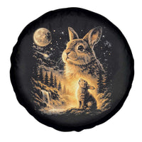 Mystical Moonlit Bunny Graphic Spare Tire Cover Glowing Rabbit Under Full Moon Waterfall Nature Scene
