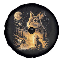 Mystical Moonlit Bunny Graphic Spare Tire Cover Glowing Rabbit Under Full Moon Waterfall Nature Scene
