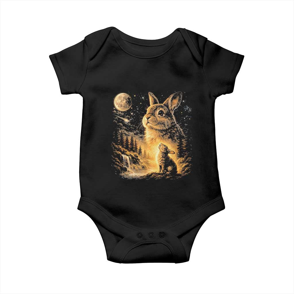 Mystical Moonlit Bunny Graphic Baby Onesie Glowing Rabbit Under Full Moon Waterfall Nature Scene