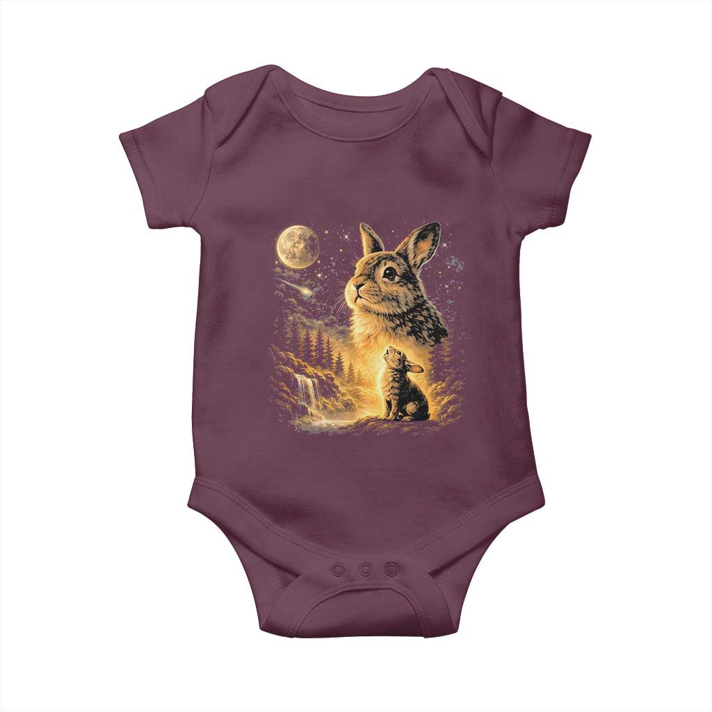 Mystical Moonlit Bunny Graphic Baby Onesie Glowing Rabbit Under Full Moon Waterfall Nature Scene