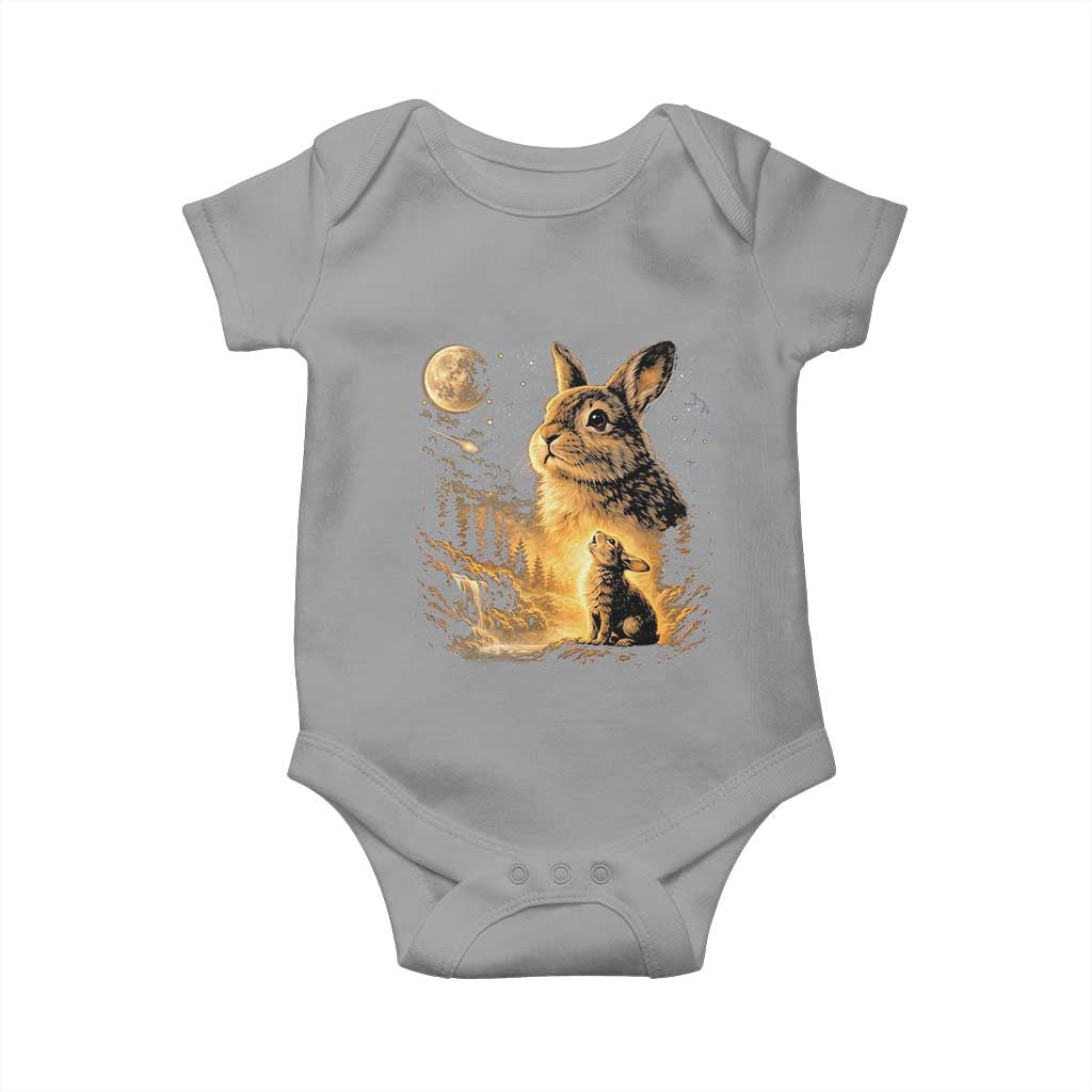 Mystical Moonlit Bunny Graphic Baby Onesie Glowing Rabbit Under Full Moon Waterfall Nature Scene