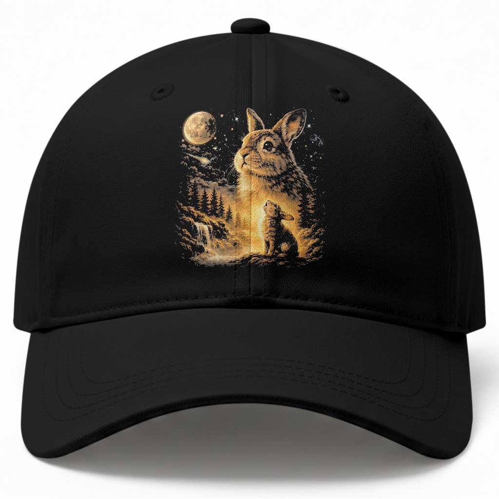 Mystical Moonlit Bunny Graphic Baseball Cap Glowing Rabbit Under Full Moon Waterfall Nature Scene