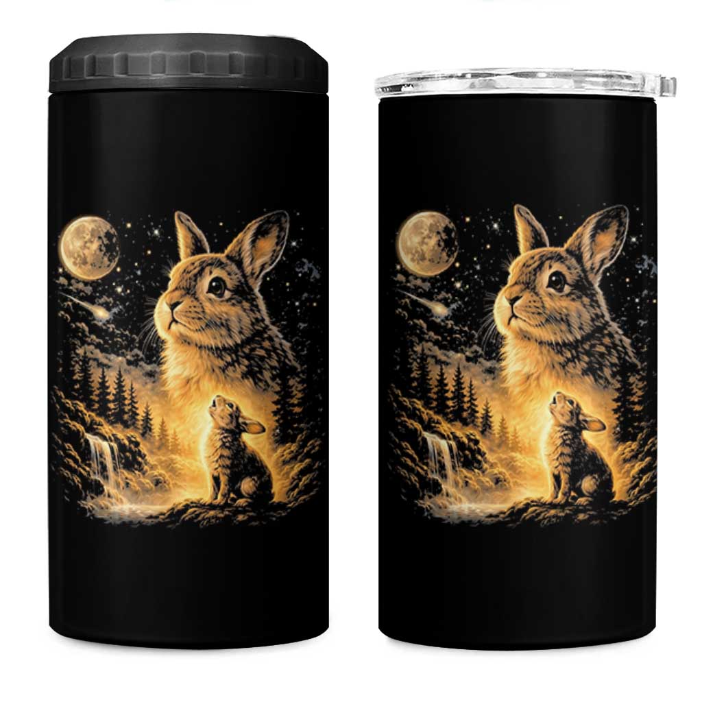 Mystical Moonlit Bunny Graphic 4 in 1 Can Cooler Tumbler Glowing Rabbit Under Full Moon Waterfall Nature Scene