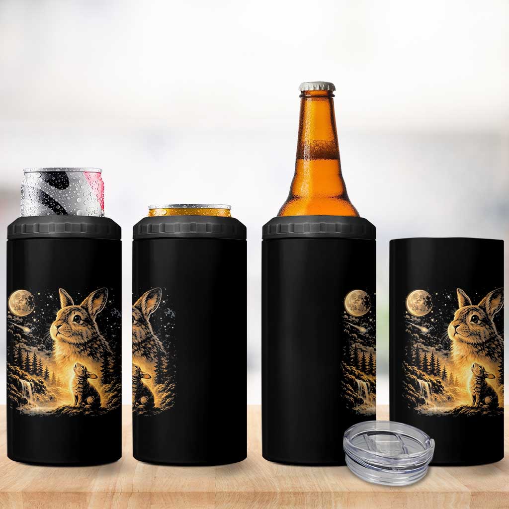 Mystical Moonlit Bunny Graphic 4 in 1 Can Cooler Tumbler Glowing Rabbit Under Full Moon Waterfall Nature Scene