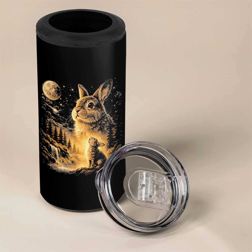 Mystical Moonlit Bunny Graphic 4 in 1 Can Cooler Tumbler Glowing Rabbit Under Full Moon Waterfall Nature Scene