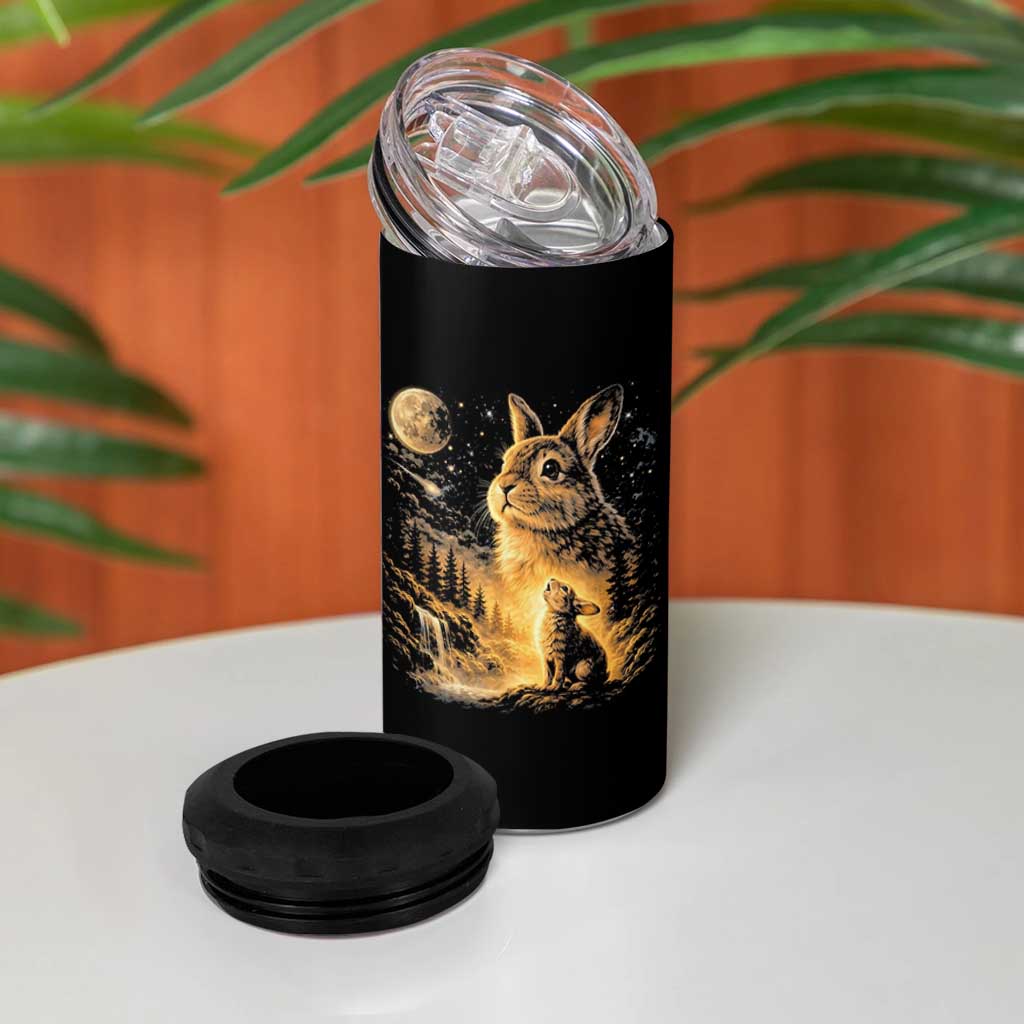 Mystical Moonlit Bunny Graphic 4 in 1 Can Cooler Tumbler Glowing Rabbit Under Full Moon Waterfall Nature Scene
