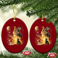 Mystical Moonlit Bunny Graphic Ceramic Ornament Glowing Rabbit Under Full Moon Waterfall Nature Scene